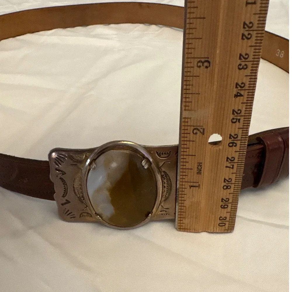 Vintage Handmade Tex Tan Leather‎ Belt Western Style Stone Buckle Brown Size 38